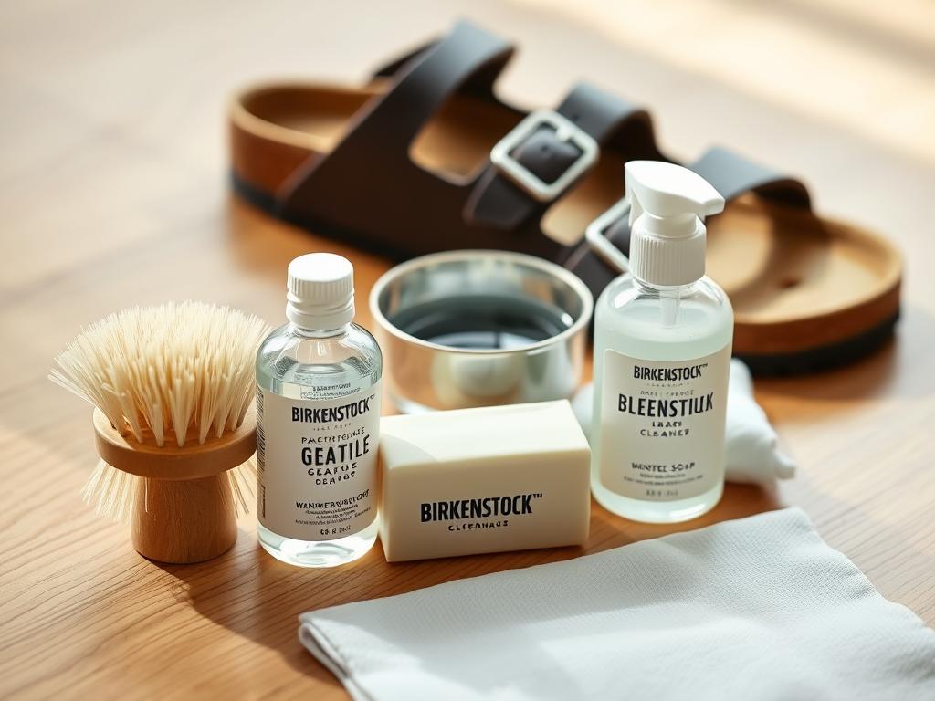A neatly organized collection of Birkenstock-branded cleaning supplies is displayed on a wooden surface. In the foreground, a soft-bristled brush, a bar of gentle soap, and a small spray bottle stand ready. In the middle ground, a small bowl of warm water and a soft cloth are positioned, while in the background, a pair of iconic Birkenstock sandals await their rejuvenation. The lighting is soft and natural, creating a calming, spa-like atmosphere. The angle is slightly elevated, giving the viewer a clean, unobstructed view of the carefully curated cleaning tools.