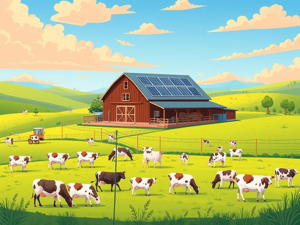 A picturesque farm scene with rolling hills and a vibrant sky in the background. In the foreground, a team of livestock efficiently grazing on a lush, well-managed pasture. In the middle ground, a modern, well-equipped barn with solar panels on the roof, showcasing sustainable energy solutions. Scattered throughout the scene, innovative farm machinery and tools that streamline operations, such as automated feeding systems and precision irrigation equipment. The overall atmosphere conveys a sense of harmony, productivity, and environmental stewardship, capturing the essence of efficient livestock management on a thriving, technologically-advanced farm.