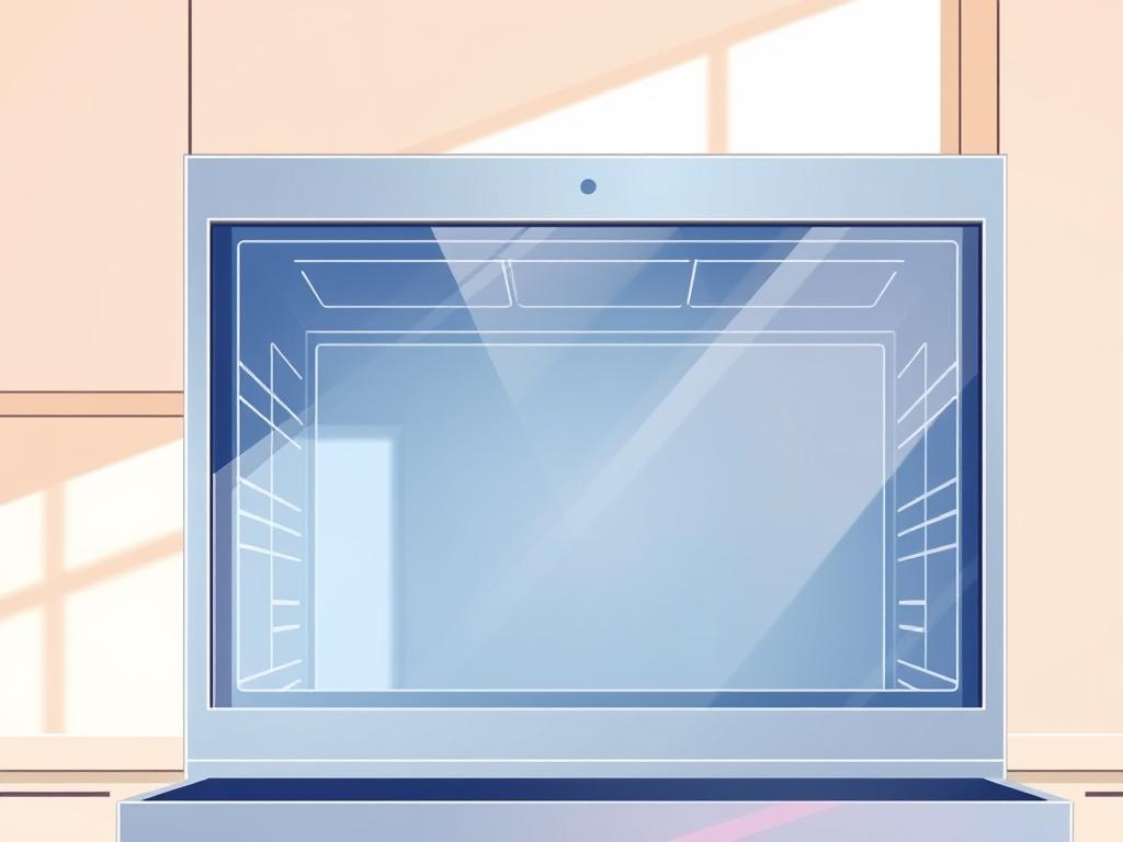 A pristine oven glass door, illuminated by warm, natural lighting filtering through a large window. The transparent surface reflects the clean, minimalist interior of a modern kitchen, showcasing its flawless, streak-free clarity. The door's edges are sharply defined, and its corners are neatly aligned, conveying a sense of meticulous attention to detail. The glass exudes a subtle, lustrous sheen, hinting at the effectiveness of a thoughtfully crafted, natural cleaning solution. The overall composition emphasizes the importance of maintaining a spotless, visually appealing oven door, which serves as the focal point of this carefully curated scene.