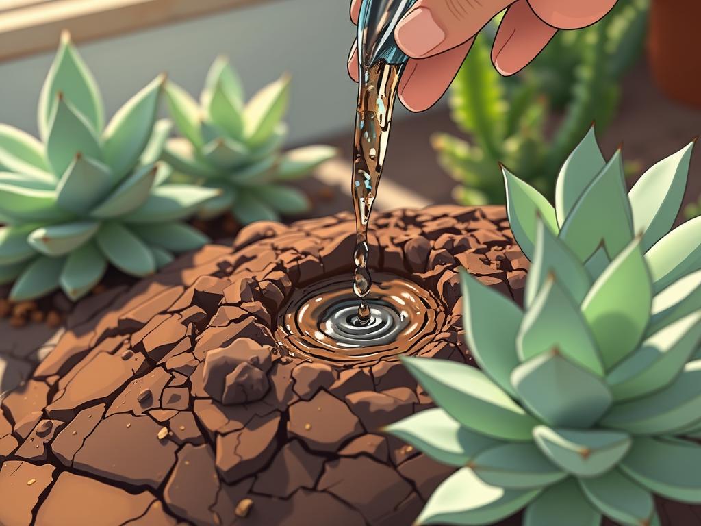 A succulent plant's soil, dry and sun-dappled, rests in the foreground, its cracked texture inviting touch. In the middle ground, a hand gently waters the soil, the stream of water creating a mesmerizing spiral pattern as it soaks into the thirsty earth. Soft, natural lighting bathes the scene, casting subtle shadows that add depth and dimension. The overall atmosphere is one of tranquility and care, highlighting the delicate balance required for healthy tall leafy succulents grown indoors.
