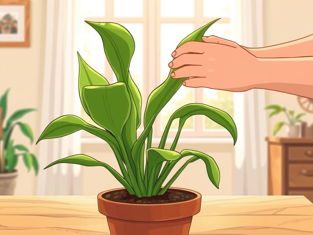 A sunny, well-lit indoor scene. In the foreground, a person's hands are carefully adjusting the soil around a thriving snake plant, its lush green leaves gently swaying. The middle ground features the plant's pot, its terracotta surface complementing the wooden table it rests on. In the background, a window floods the room with natural light, casting a warm, inviting glow. The overall atmosphere conveys a sense of care and attention being paid to the plant's watering needs, reflecting the importance of adapting one's routine to the plant's light exposure.