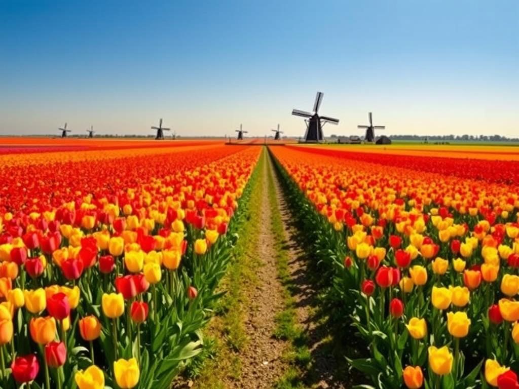 A vast expanse of vibrant tulips in bloom, their petals unfurling under the warm, golden sunlight. In the foreground, rows of tulips in a kaleidoscope of colors stretch out as far as the eye can see, creating a serene and captivating landscape. In the middle ground, a gravel path winds through the fields, inviting visitors to explore this breathtaking display of nature's artistry. In the distance, windmills dotting the horizon add to the quintessential Dutch charm, framed by a clear, azure sky. The scene exudes a sense of tranquility and wonder, perfectly capturing the essence of a tulip field tour in the Netherlands.