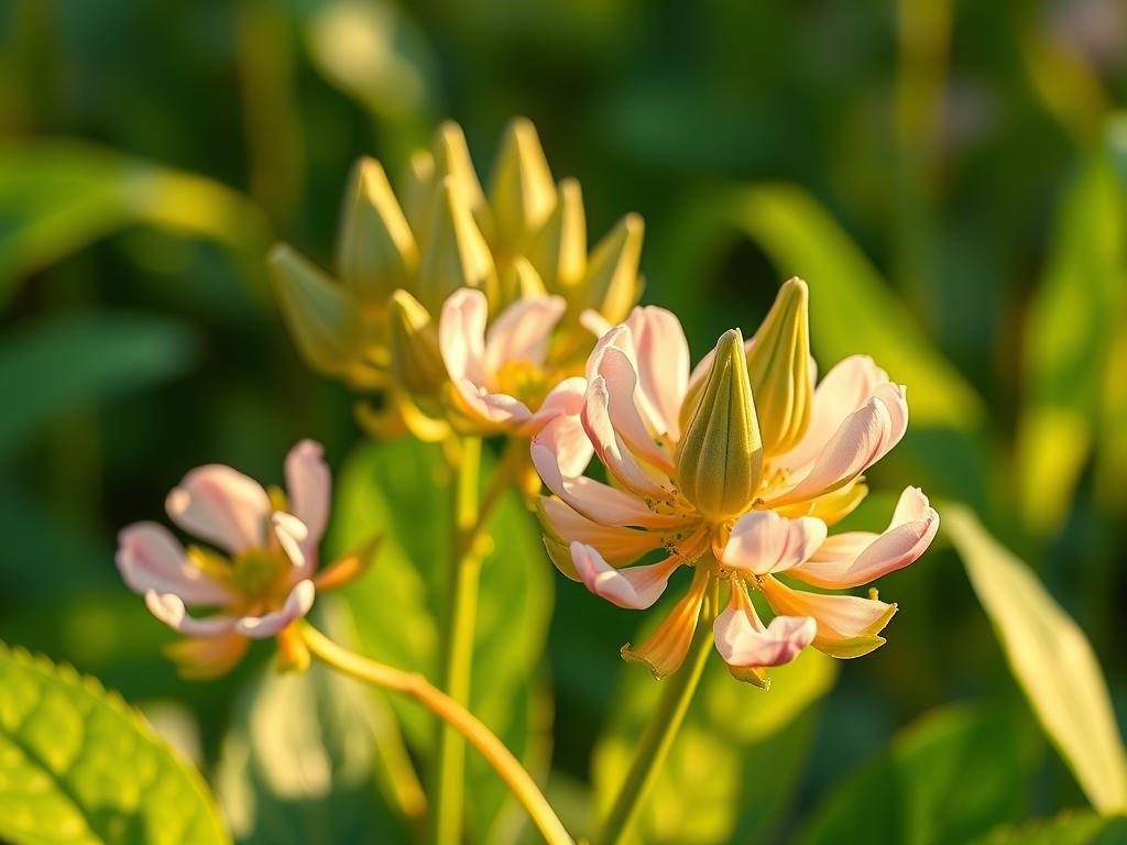 A vibrant close-up photograph showcasing the captivating blooms and distinctive seed pods of the common milkweed plant. The lush, verdant foreground features a cluster of delicate, pale pink milkweed flowers in full bloom, their intricate petals gently unfurling to reveal the intricate interiors. In the middle ground, the plant's distinctive green seed pods, resembling elegant teardrop shapes, stand out against the soft, out-of-focus background. The lighting is natural and warm, casting a golden glow that enhances the organic textures and vibrant colors. The composition is balanced and centered, allowing the viewer to fully appreciate the plant's unique and vital role in the ecosystem.