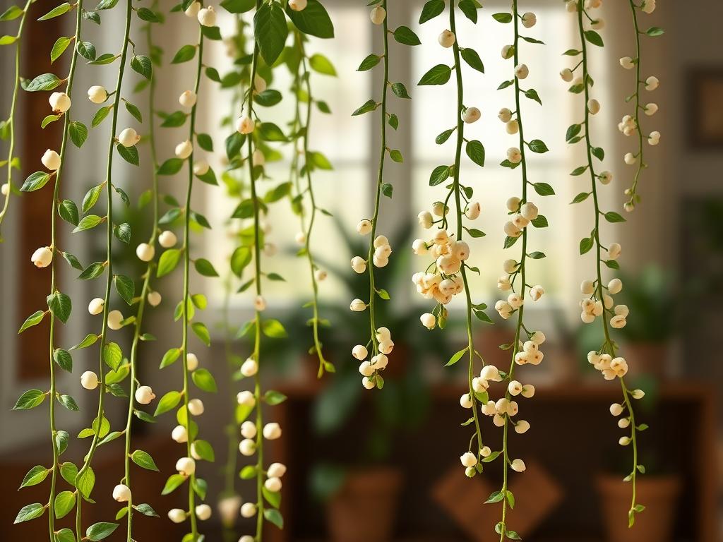 A vibrant, close-up still life of a lush string of pearls plant in full bloom, photographed against a soft, diffused natural light. The trailing vines cascade gracefully, showcasing the delicate, pearl-like foliage in various stages of growth. The foreground highlights the plant's intricate leaf structures and stems, while the middle ground reveals clusters of tiny, spherical flowers in shades of white and soft pink. The background is a hazy, out-of-focus scene, suggesting an indoor setting with muted, earthy tones to complement the plant's organic beauty. The overall mood is one of serene, springtime freshness and the promise of summer growth.