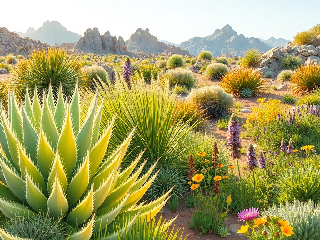 A vibrant garden scene showcasing a variety of hardy, drought-resistant plants. In the foreground, a cluster of spiky, silvery-green succulents and agave plants, their leaves catching the warm, golden afternoon sunlight. In the middle ground, tall, verdant native grasses sway gently in a light breeze, intermixed with colorful, low-growing wildflowers like purple coneflowers and yellow blanket flowers. In the background, a rocky, sun-dappled landscape with rugged, scrubby bushes and towering mountain peaks in the distance, creating a sense of natural, rustic beauty. The overall mood is one of resilience, adaptability, and the harmony of a well-curated, low-maintenance Colorado garden.