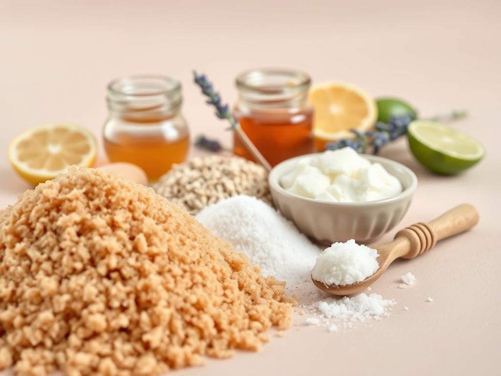 A well-lit, close-up photograph of an assortment of sugar scrub ingredients arranged artfully on a neutral background. In the foreground, a pile of course brown sugar crystals, a handful of sea salt flakes, and a scoop of powdered coconut oil. In the middle ground, a glass jar of honey, a small ceramic bowl of oatmeal, and a bundle of dried lavender sprigs. In the background, a few sliced lemons and limes, their vibrant colors and juicy textures adding a natural, organic feel. Soft, diffused lighting casts gentle shadows, highlighting the varied textures and shapes of the ingredients. The overall composition conveys a sense of rustic simplicity, emphasizing the natural, nourishing properties of these common household items used to create luxurious, skin-softening sugar scrubs.