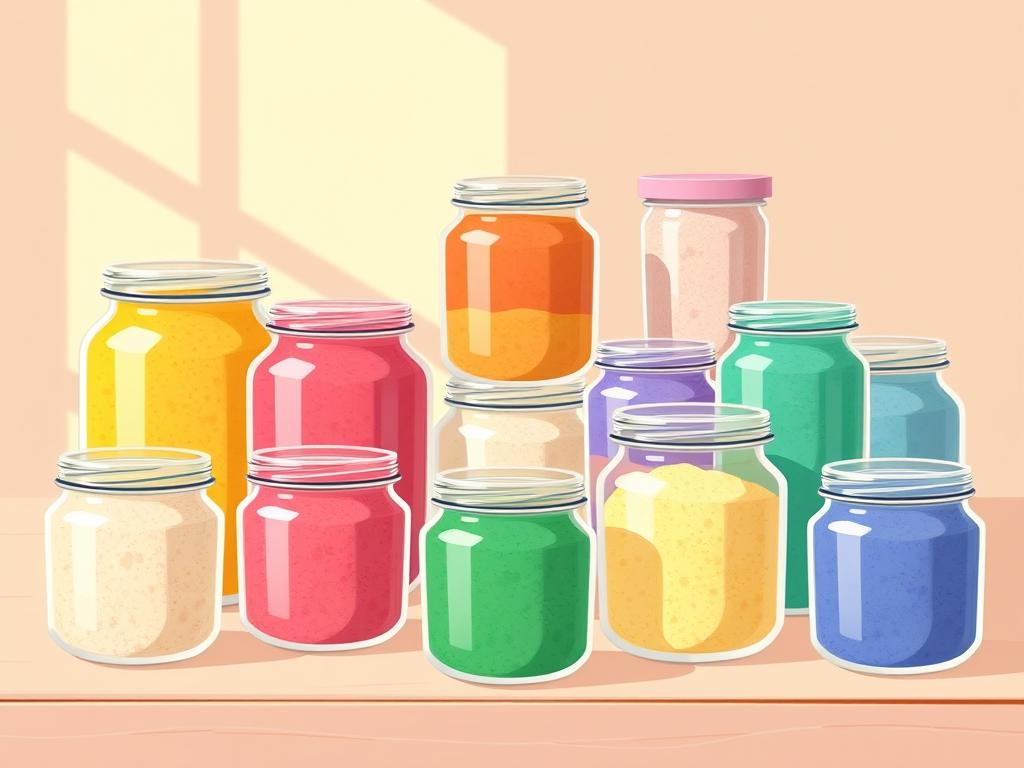 A well-lit tabletop displaying an arrangement of various glass jars and containers filled with different colored sugar scrubs. The jars have simple screw-top lids and feature clean, minimalist designs that showcase the textures and hues of the homemade exfoliants. The containers are neatly organized in the foreground, with some slightly staggered in the middle ground to create depth. The background is a soft, neutral-toned backdrop, allowing the vibrant scrub colors to take center stage. Warm, natural lighting casts a gentle glow over the scene, highlighting the appealing visual qualities of these practical, yet stylish storage solutions for DIY sugar scrubs.