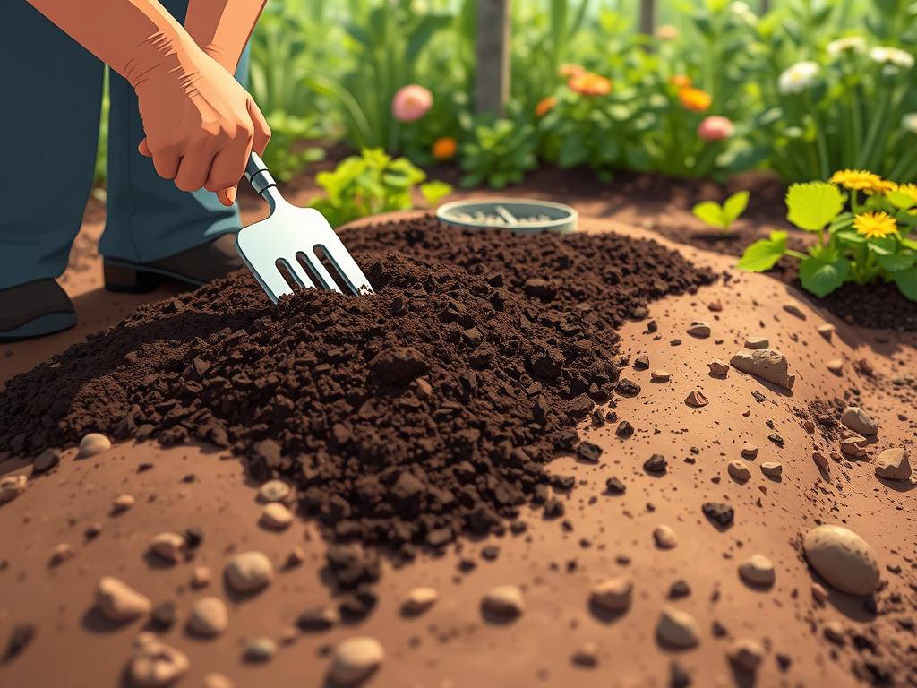 A well-tended garden bed, its soil rich and crumbly, with a gardener carefully spreading a layer of dark, nutrient-dense mushroom compost. The compost, composed of decomposed organic matter and spent mushroom substrate, is being worked into the soil with a garden fork, creating a seamless integration. Soft, diffused natural light filters through the scene, illuminating the earthy tones and textures. In the background, lush greenery and flourishing plants hint at the bountiful growth to come, as the mushroom compost nourishes the soil and supports a thriving garden ecosystem.