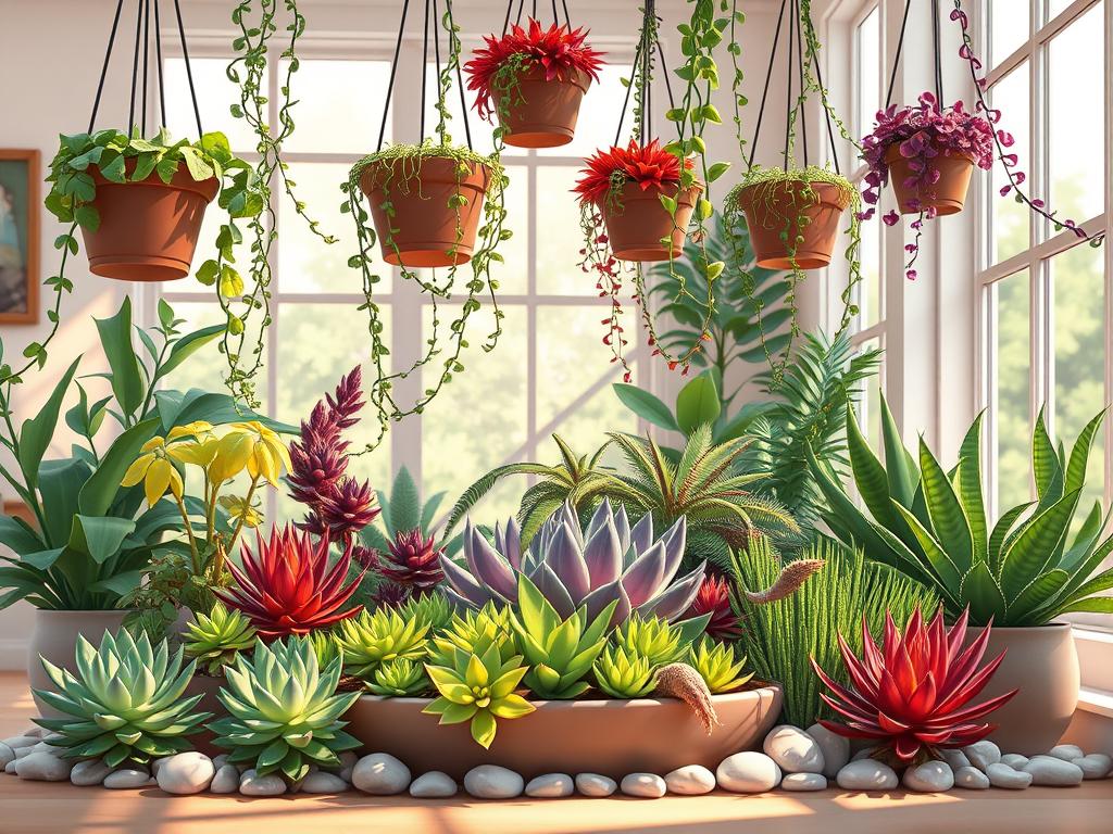 An elegantly arranged collection of diverse succulents thriving within a bright, airy indoor setting. A focal point planter in the foreground showcases a variety of lush, textured leaves in shades of green, purple, and red. Trailing vines spill gracefully from hanging planters, casting soft shadows across the scene. Sunlight filters through large windows, creating a warm, natural illumination that highlights the plants' intricate details. Decorative pebbles and stones frame the potted succulents, enhancing the serene, nature-inspired ambiance. The overall composition strikes a harmonious balance, inspiring a sense of tranquility and delight in the viewer.