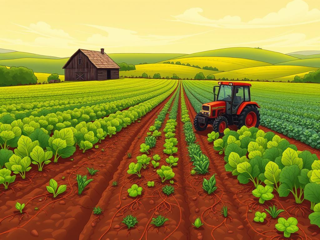 An expansive, verdant field stretches out, its soil nourished by a dynamic crop rotation system. In the foreground, rows of diverse vegetables and legumes thrive side-by-side, their vibrant foliage and intertwined roots symbolizing the benefits of polyculture. A small tractor tills the earth, its metal gleam catching the warm, golden light that filters through wispy clouds. In the distance, a weathered wooden barn stands as a testament to the farm's history, while lush, rolling hills provide a serene backdrop. The scene conveys a harmonious balance between human stewardship and natural cycles, embodying the principles of sustainable agriculture.