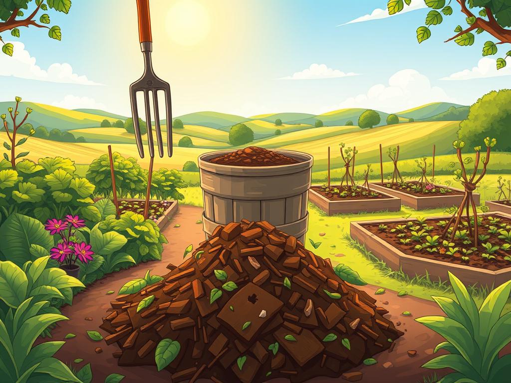 An idyllic garden scene with a centrally-placed compost bin, surrounded by lush vegetation and a diverse array of healthy, thriving plants. The foreground features a pile of organic matter being turned over with a garden fork, showcasing the process of composting. In the middle ground, a series of raised garden beds are dotted with vibrant, nutrient-rich soil, symbolizing the positive effects of compost on plant growth. The background depicts a serene, sun-dappled landscape with rolling hills and a clear blue sky, conveying a sense of harmony and environmental sustainability. The overall scene is illuminated by warm, natural lighting, captured through a wide-angle lens to emphasize the interconnectedness of the elements. The mood is one of tranquility, abundance, and a celebration of the regenerative power of organic matter.
