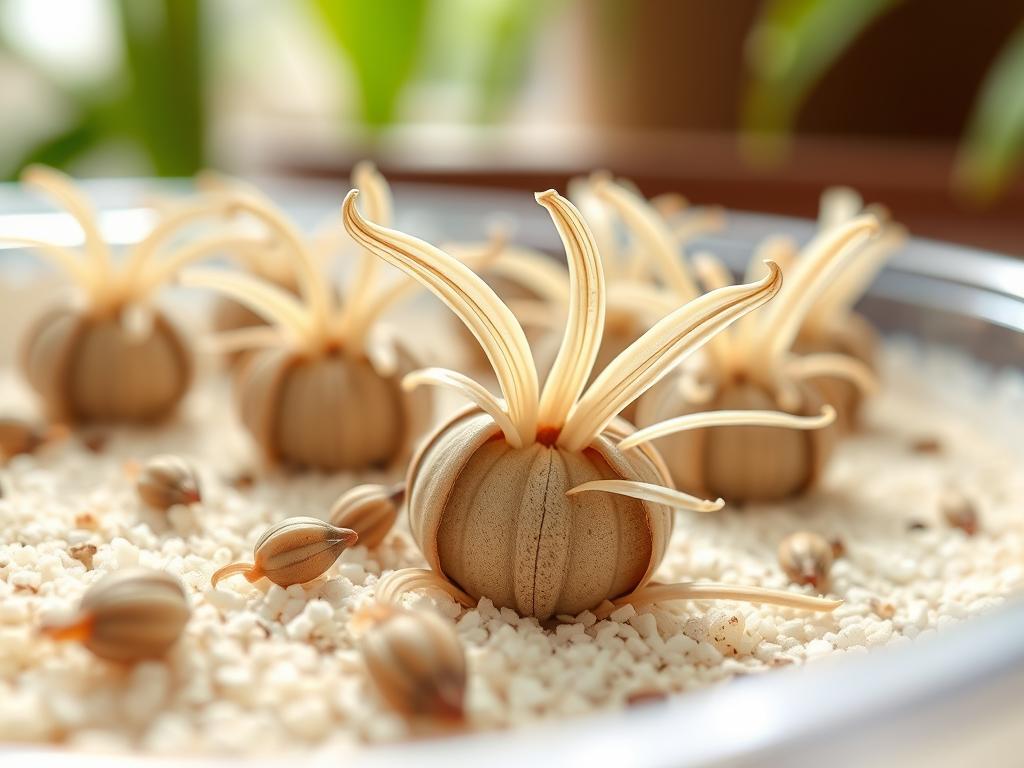 Daylily seed stratification: a close-up view of daylily seeds in various stages of the stratification process. The foreground features a petri dish or seed tray filled with moist perlite or sand, with partially germinated daylily seeds visible. The middle ground showcases the intricate structure of the daylily seeds, with their distinctive winged appendages. The background is a soft, out-of-focus blur, emphasizing the delicate details of the seeds. The lighting is diffused and natural, casting gentle shadows and highlights to accentuate the textures. The overall mood is one of botanical wonder and the promise of new growth.