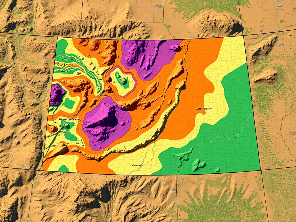 Detailed Colorado hardiness zone map, displaying the various climate zones across the state. Vibrant colors delineating the different zones, ranging from alpine tundra to high desert. Crisp, high-resolution satellite imagery providing a comprehensive overview. Subtle shading to indicate elevation changes and microclimates. Clean, uncluttered design allowing easy interpretation of planting suitability. Warm, natural lighting accentuating the varied terrain. Captured from a birds-eye perspective, showcasing the diverse landscapes of Colorado. Conveys the essential information gardeners need to navigate planting zones for successful growth.