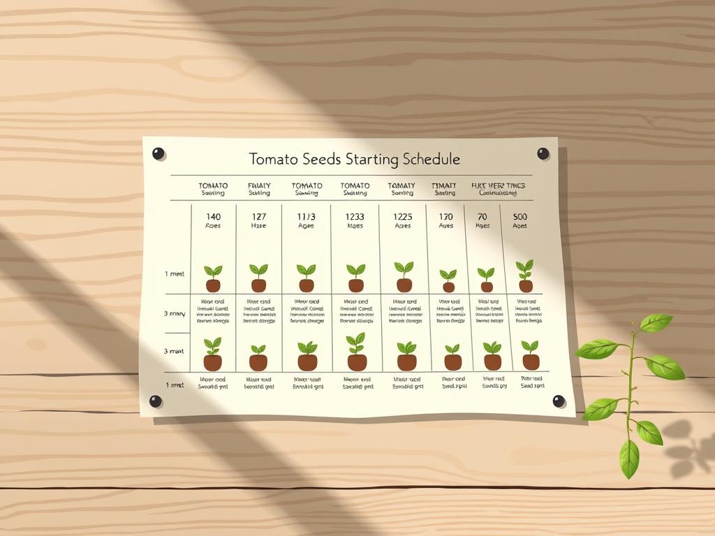 Detailed botanical illustration of a tomato seed starting schedule on a clean wooden surface. Precise diagrams depict the ideal sowing timeline, with seedling growth stages clearly labeled. Soft natural lighting casts gentle shadows, creating a serene, educational atmosphere. The composition features a harmonious balance of technical elements and organic textures, inviting the viewer to study the schedule closely. Minimal color palette of muted greens, browns, and grays, maintaining focus on the informative content. Camera positioned at a slight angle to provide an engaging, three-dimensional perspective.