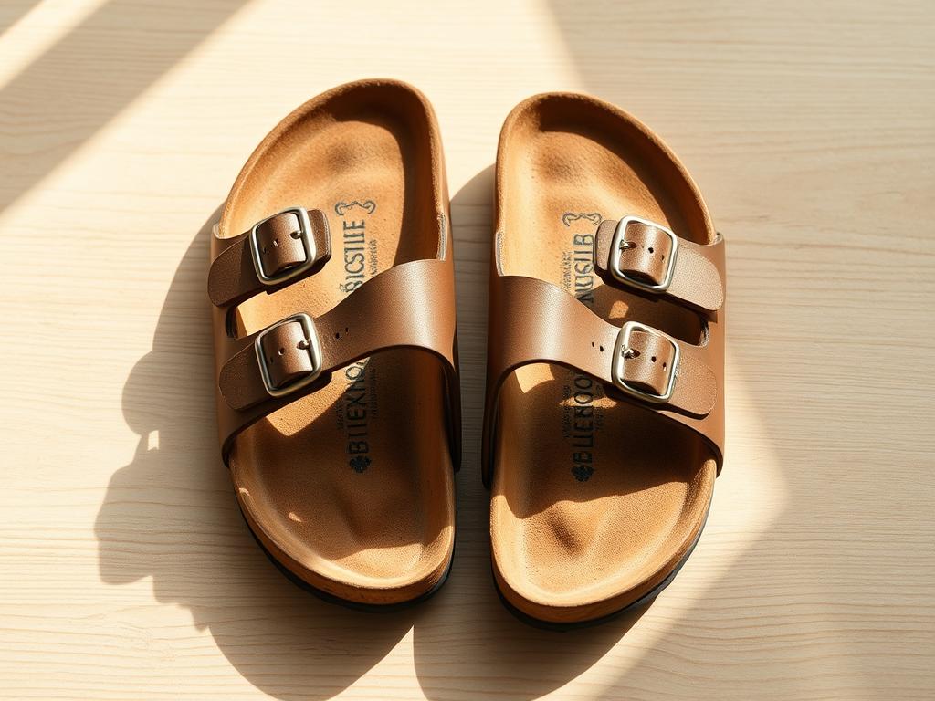 Drying Birkenstocks properly, close-up view of a pair of brown leather Birkenstock sandals placed on a clean, well-lit wooden surface. The sandals are opened up to expose the cork footbed, as if just cleaned and ready for air-drying. Soft, diffused natural lighting casts gentle shadows, highlighting the texture of the leather and cork. The composition is balanced, with the sandals centered and occupying the middle ground, while the background is simple and uncluttered, allowing the focus to remain on the drying process.