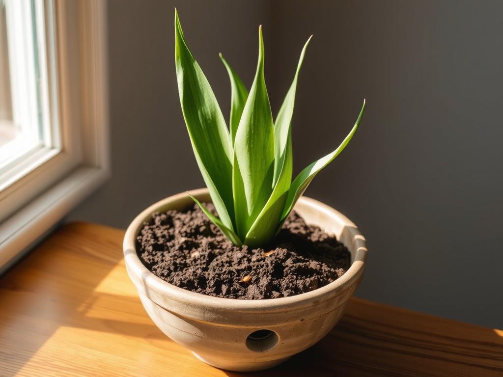 A ceramic snake plant pot sits on a wooden table, filled with rich, dark soil. The pot has a drainage hole at the bottom, allowing excess water to escape. Sunlight streams in through a nearby window, casting a warm, natural glow on the scene. The pot's textured surface and the soil's earthy tones create a harmonious, organic composition. The snake plant's lush, green leaves rise gracefully from the soil, their unique, sword-like shapes a testament to the plant's resilience and adaptability. The overall scene conveys a sense of tranquility and the joy of nurturing a thriving indoor garden.