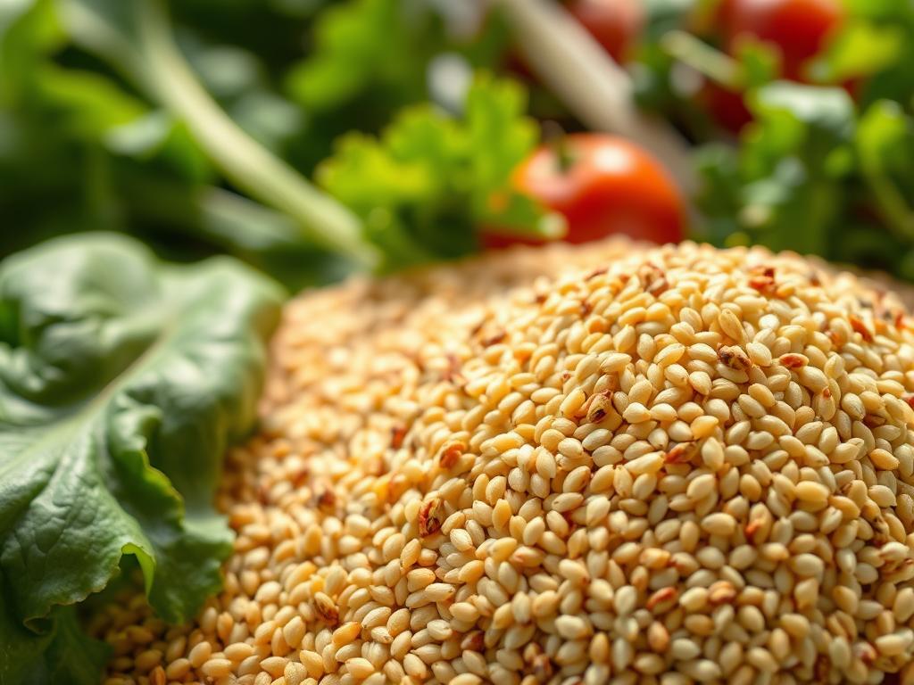 A close-up photograph of a pile of amaranth grains, with a vibrant green background featuring a variety of fresh leafy greens and vegetables. The lighting is soft and natural, casting a warm glow on the grains. The camera is positioned slightly from above, capturing the intricate texture and subtle sheen of the amaranth. The composition is balanced, drawing the viewer's attention to the nutritional benefits highlighted by the surrounding produce. The overall mood is one of health, vitality, and the abundance of nature's nourishing gifts.