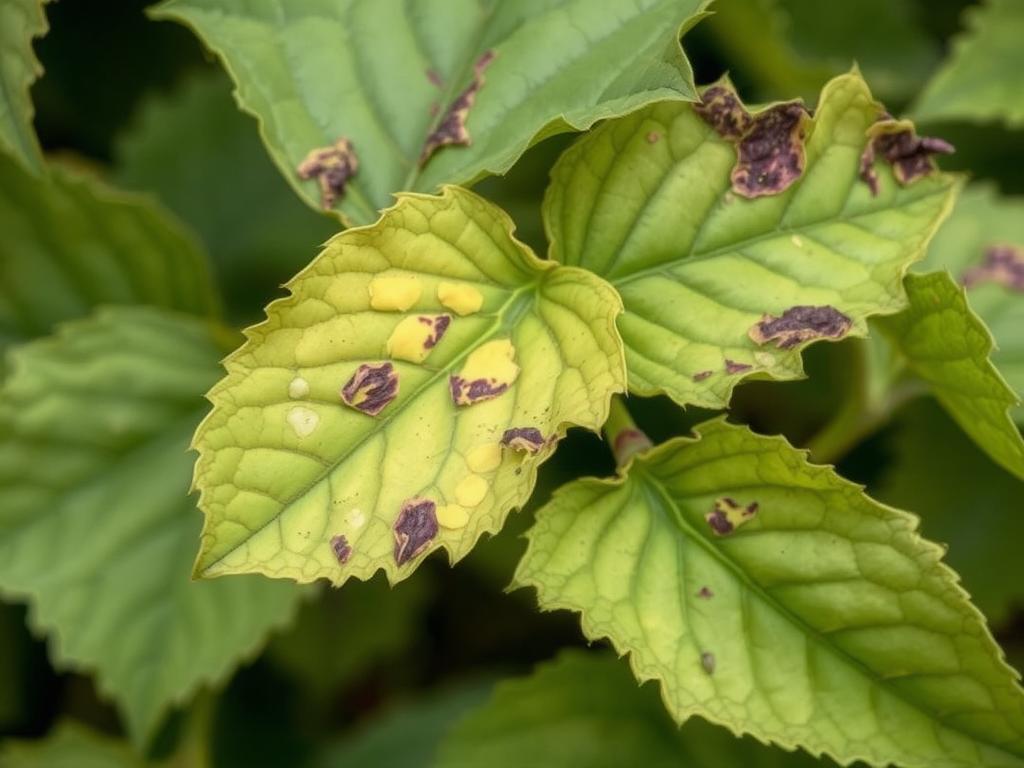 A close-up shot of several lilac leaves with visible signs of pest damage and disease. The leaves display yellowing, mottled patterns, and curling along the edges, indicating the presence of common lilac pests and diseases. The lighting is soft and diffused, creating a natural, documentary-style feel. The image is in sharp focus, allowing for clear examination of the affected foliage. The overall composition is balanced, with the damaged leaves occupying the foreground, and a slightly blurred background to draw the viewer's attention to the main subject. The mood is one of careful observation and identification, reflecting the technical nature of this section of the article.