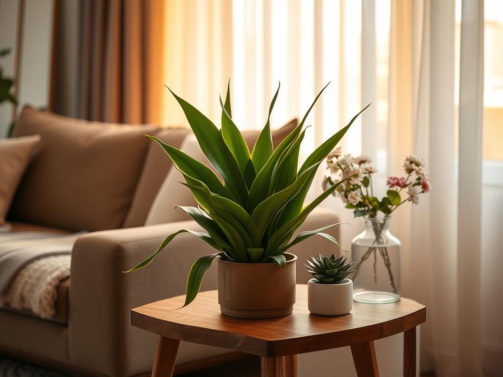 A cozy and inviting living room setting with a lush, thriving snake plant placed strategically on a wooden side table. Soft, warm lighting filters through sheer curtains, casting a gentle glow on the plant's vibrant green leaves. The snake plant is the focal point, surrounded by tasteful home decor elements like a plush area rug, a potted succulent, and a minimalist glass vase with fresh flowers. The overall atmosphere is serene and well-balanced, showcasing how the snake plant seamlessly integrates into a modern, nature-inspired interior design.