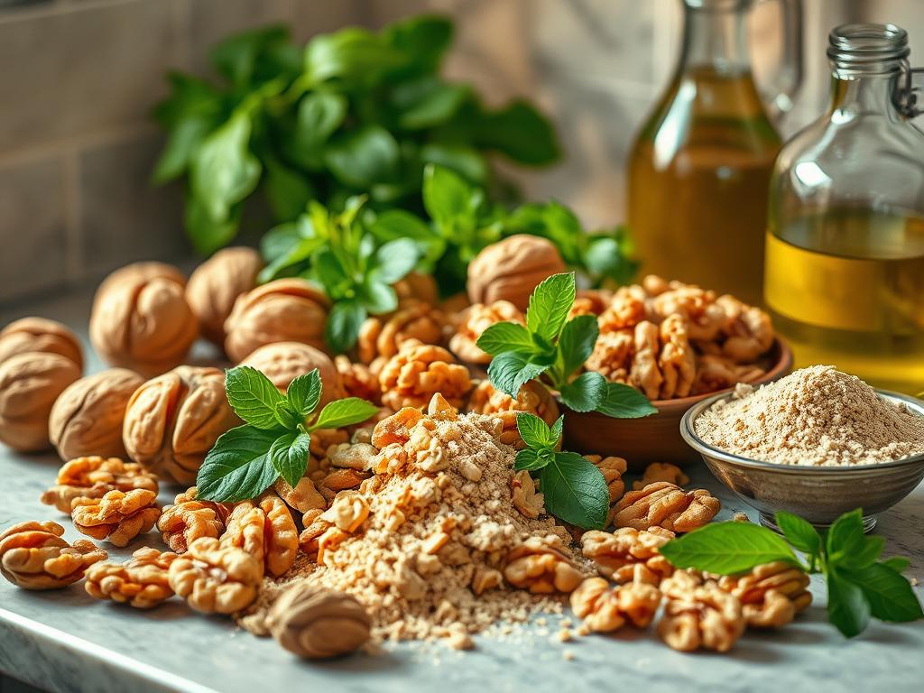 A cozy kitchen counter with a variety of walnuts in different forms - whole, halved, chopped, and ground into walnut flour. Vibrant green leaves and herbs accent the composition, and a glass jar of walnut oil sits nearby. Warm, soft lighting casts a comforting glow, highlighting the natural textures and colors of the walnuts. The scene evokes a sense of culinary inspiration and the versatility of incorporating walnuts into various dishes, from baked goods to salads and beyond. The image aims to visually guide the viewer on how to seamlessly add these nutrient-dense nuts into their everyday diet.