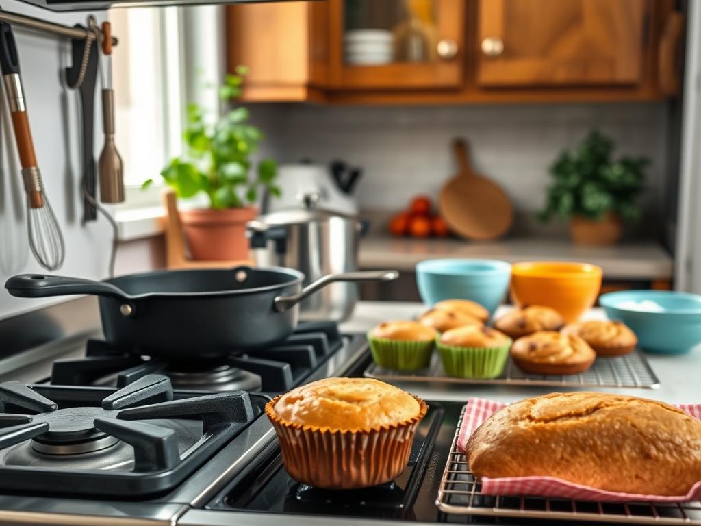 A cozy kitchen scene featuring a well-organized stovetop baking setup. In the foreground, a sturdy gas stovetop with a cast-iron skillet, a saucepan, and baking tools like a whisk and measuring cups. The middle ground includes several mouth-watering baked goods, like muffins and a small loaf of bread, cooling on a wire rack. A couple of colorful mixing bowls sit nearby, filled with flour and fresh ingredients. The background showcases warm wooden cabinets and a potted herb plant on the windowsill, letting in soft, natural light that creates a welcoming atmosphere. The overall mood feels inviting and creative, emphasizing the idea of rethinking traditional baking methods. The angle is slightly elevated, capturing the entire setup without distractions, focused solely on the baking process.