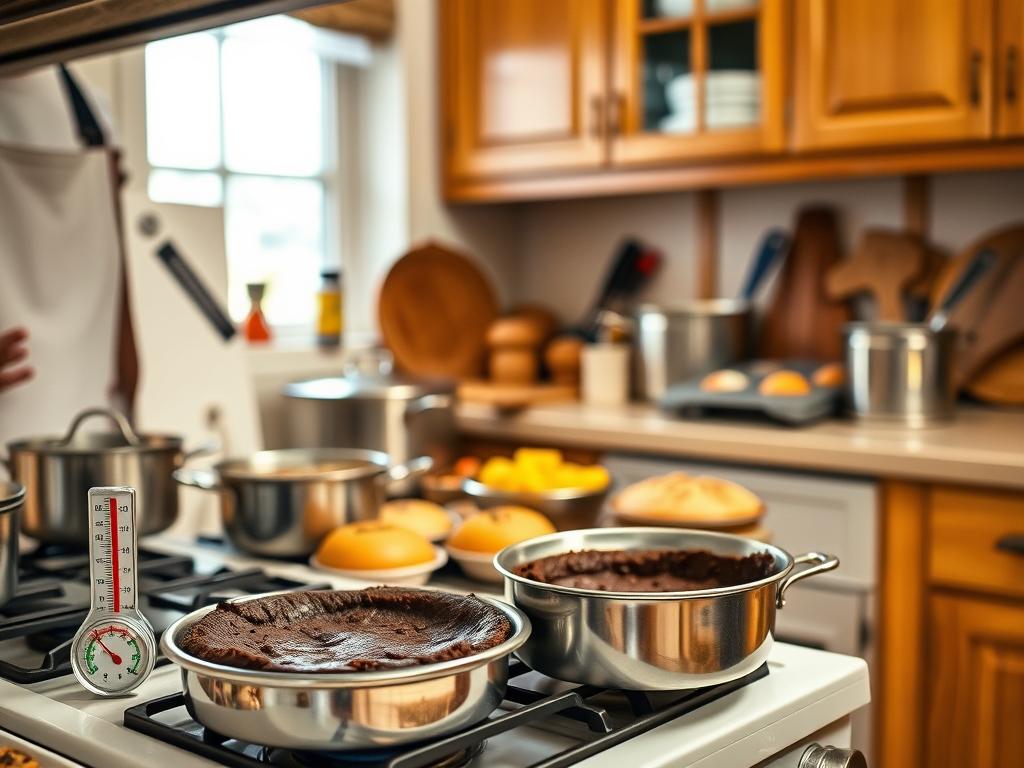 A cozy kitchen scene focused on stovetop baking techniques. In the foreground, a skilled baker, wearing a crisp white apron and modest casual attire, carefully monitors a baking pan of brownies simmering on the stovetop. A thermometer placed beside them displays the ideal baking temperature. In the middle ground, pots and pans are artfully arranged, showcasing various baked goods like muffins, bread, and pizza, all prepared on the stovetop. The background features warm wooden cabinets, colorful spices, and a window letting in soft, natural light, creating an inviting atmosphere. The image conveys a sense of warmth and creativity, emphasizing the mastery of stovetop baking.