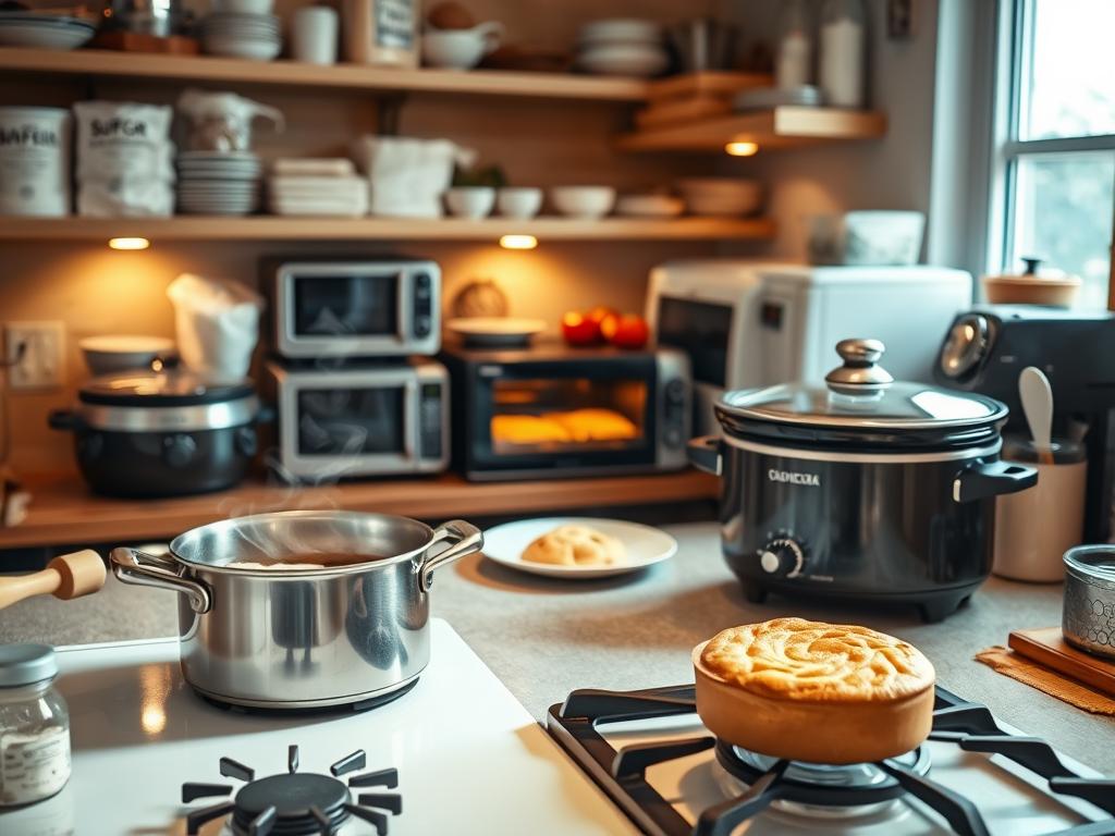A cozy kitchen workspace featuring innovative baking methods without an oven. In the foreground, a stylish stovetop with a pot simmering, steam rising and showcasing a delightful concoction being made. Nearby, a slow cooker with a delicious dessert peeking out, surrounded by tools such as a rolling pin and mixing bowls. In the middle ground, an array of alternative baking setups—like a solar oven, a microwave with baked goods, and a bread machine—highlighting creativity in baking. The background reveals warm wooden shelves filled with ingredients like flour, sugar, and spices, illuminated by soft, natural lighting filtering through a window. The atmosphere is inviting and homey, inspiring a sense of culinary exploration and warmth.