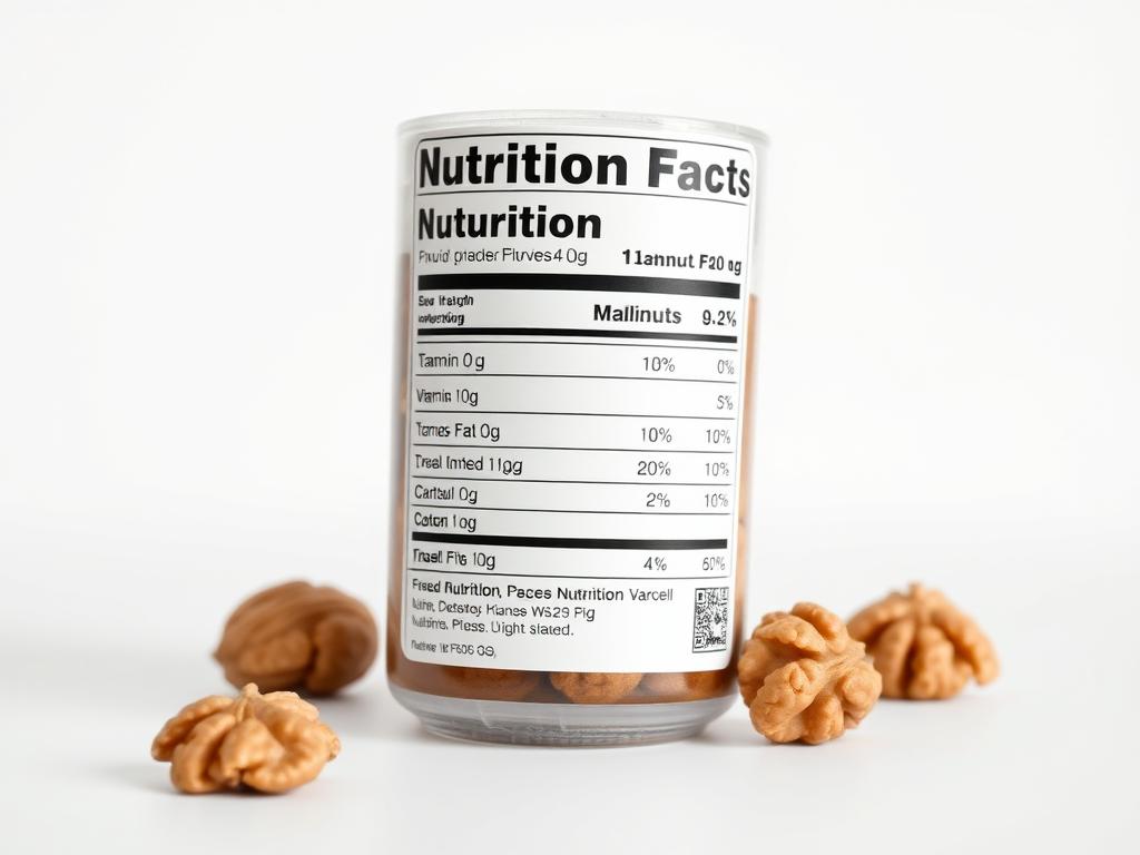 A detailed nutritional facts label for walnuts, set against a clean, white background. The label showcases the key vitamins, minerals, and macronutrients found in walnuts, presented in a clear, easy-to-read format. The lighting is soft and diffused, creating an inviting, informative atmosphere. The camera angle is slightly elevated, providing a clear, unobstructed view of the label. The overall composition is balanced and visually appealing, drawing the viewer's attention to the essential nutritional information.