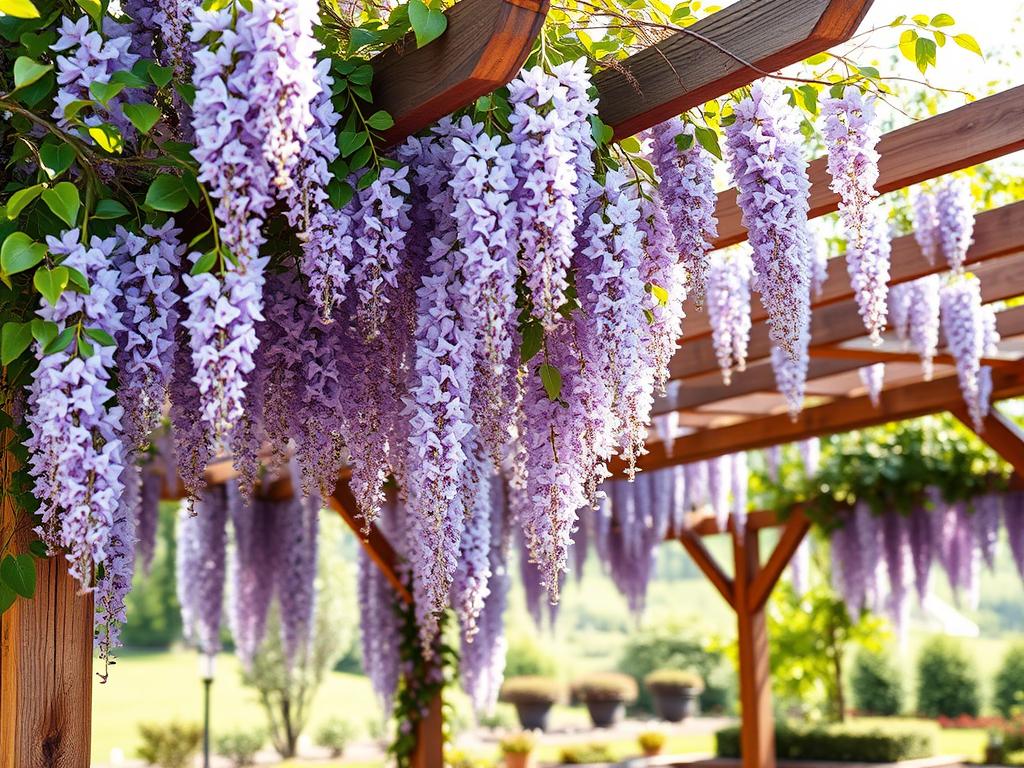 A lush, cascading wisteria vine gracefully draping over a rustic wooden pergola, its lavender-hued clusters of delicate blooms swaying gently in the warm breeze. The dappled sunlight filters through the vine's foliage, creating a serene and romantic atmosphere. The pergola's sturdy structure provides the perfect framework for the wisteria to climb and flourish, showcasing the plant's natural beauty and architectural elegance. In the foreground, well-manicured garden beds add depth and texture, while the background hints at a tranquil, verdant landscape, inviting the viewer to imagine the peaceful scene.