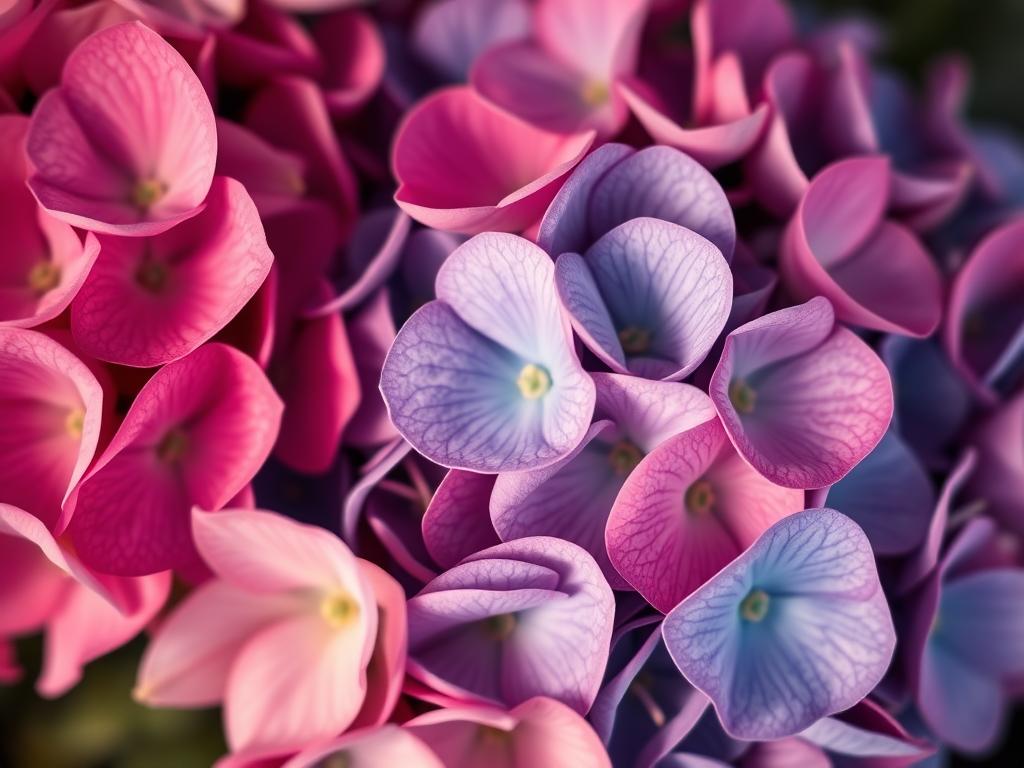 A lush, close-up view of hydrangea flowers in various hues, from vibrant pink to deep blue, against a soft, blurred background. Delicate petals unfurl, showcasing the gradual color transition as the blooms mature. Warm, diffused lighting gently accentuates the velvety texture and intricate details of the flowers, creating an ethereal, almost dreamlike atmosphere. The composition emphasizes the captivating color palette, drawing the viewer's eye to the mesmerizing transformation unfolding before them. A subtle depth of field enhances the sense of depth, making the subject the clear focal point.