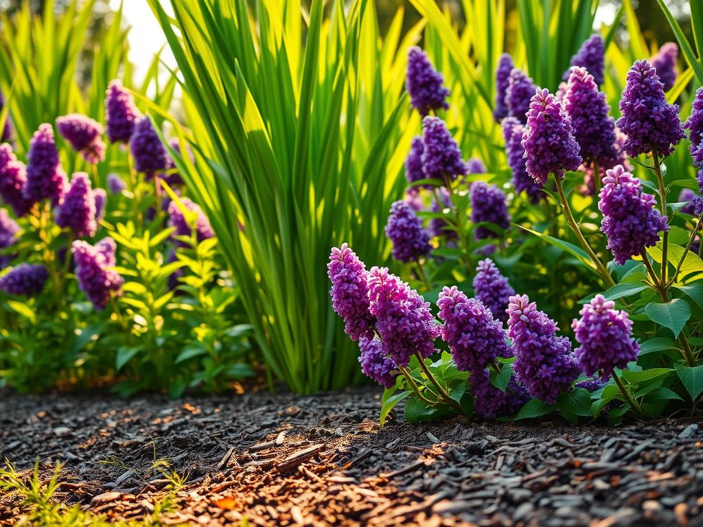 A lush, verdant garden filled with thriving lilac bushes, their vibrant purple blooms standing tall against a backdrop of warm, golden sunlight. The soil is rich and fertile, with a perfect balance of nutrients and moisture, creating an ideal environment for the lilacs to flourish. In the foreground, the ground is covered in a layer of soft, dark mulch, retaining moisture and suppressing weeds. Tall, healthy green leaves sway gently in a gentle breeze, the scene radiating a sense of tranquility and natural harmony. Captured from a mid-level angle, the image showcases the optimal conditions for lilac growth, guiding the viewer on how to create the perfect setting for these beloved flowering shrubs.