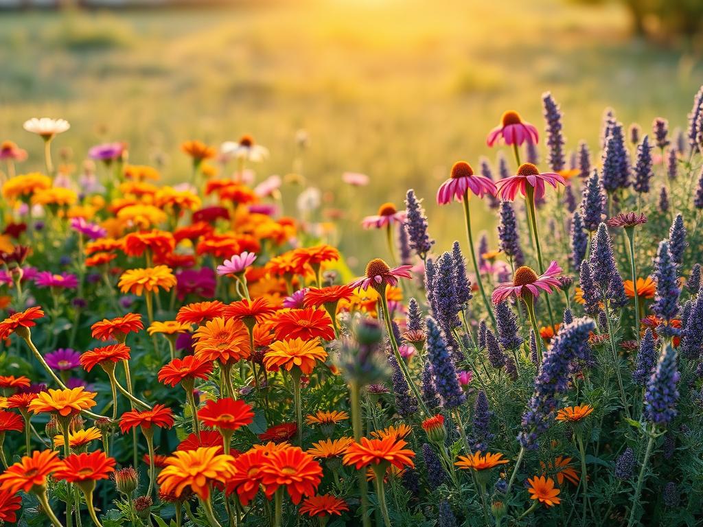 A lush, vibrant garden landscape with a clear contrast between the ephemeral blooms of annual flowers and the sturdy, long-lasting foliage of perennial plants. In the foreground, a diverse array of annuals like marigolds, zinnias, and petunias burst with color, their delicate petals and short lifespans capturing the essence of transience. In the middle ground, the robust, woody stems and evergreen leaves of perennial plants like coneflowers, lavender, and sage stand tall, radiating a sense of permanence and resilience. The background features a soft, out-of-focus meadow, allowing the viewer to focus on the central juxtaposition. Warm, golden sunlight filters through, casting a gentle glow and evoking an atmosphere of serenity and growth.