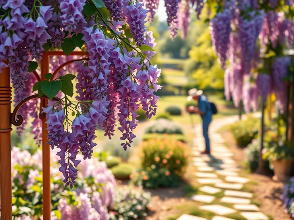 A lush, vibrant garden scene showcasing the delicate beauty of wisteria vines. In the foreground, cascading purple blooms tumble gracefully from an ornate trellis, their fragrance filling the air. The middle ground depicts a gardener carefully pruning and training the vines, using specialized tools and techniques to ensure healthy growth. In the background, a tranquil stone path winds through a serene, sun-dappled landscape, complementing the serene atmosphere. Soft, warm lighting illuminates the scene, creating a sense of tranquility and botanical splendor. A wide-angle lens captures the entire composition, highlighting the harmonious interplay of nature and skilled cultivation.