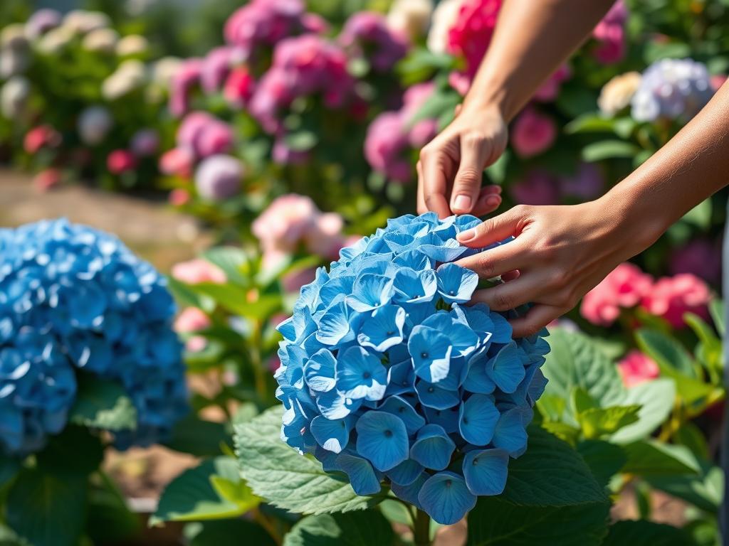 A lush, vibrant hydrangea plant in the foreground, its large, blue blooms gently swaying in natural sunlight. In the middle ground, a gardener's hands carefully applying a balanced fertilizer around the base of the plant, ensuring the roots absorb the essential nutrients. The background showcases a well-tended garden, with other hydrangea bushes in various shades of pink, purple, and white, creating a harmonious, serene atmosphere. The scene is captured with a shallow depth of field, emphasizing the focus on the fertilizing action and the beauty of the hydrangea itself. The overall mood is one of nurturing care and anticipation of the plant's thriving growth.