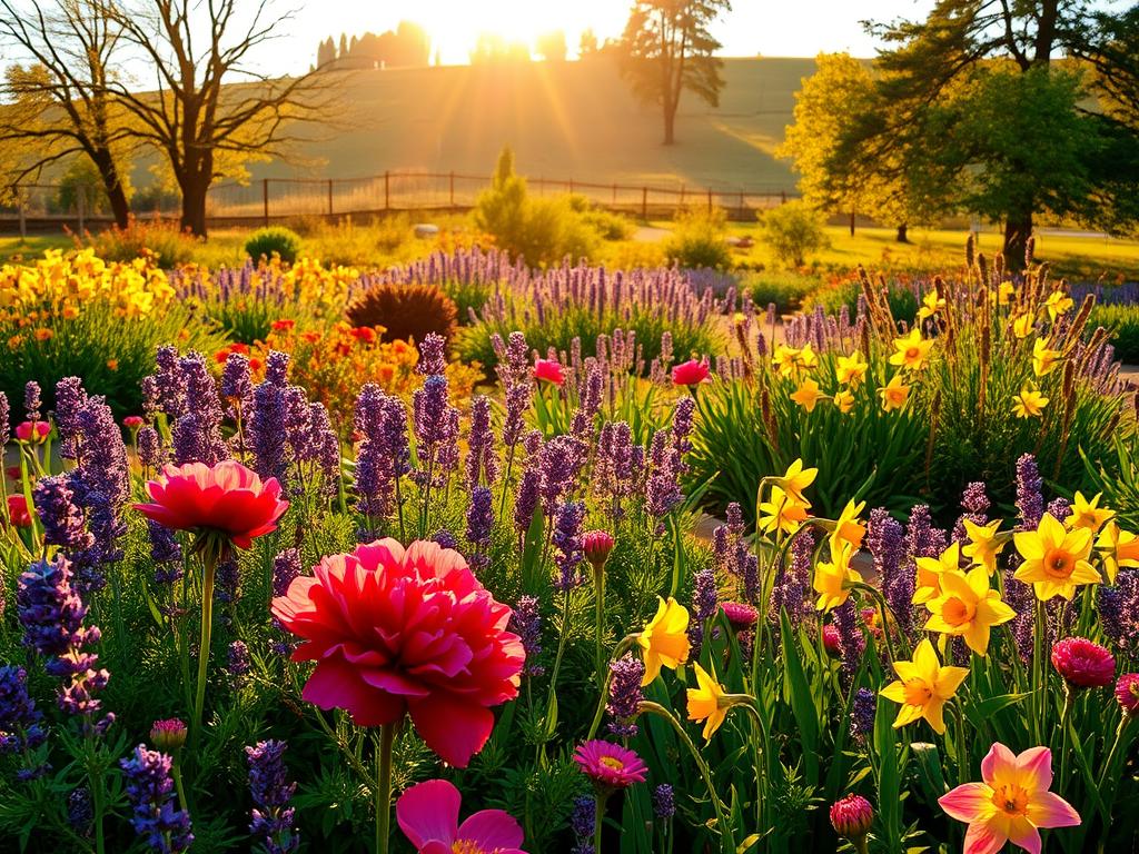 A lush, vibrant perennial garden bathed in warm, golden afternoon sunlight. In the foreground, an abundant array of colorful blooms - vibrant red peonies, delicate lavender, and cheerful yellow daffodils. In the middle ground, a mix of verdant foliage and textured stems creating a harmonious tapestry. In the background, a gentle rolling hillside dotted with mature trees, casting soft, dappled shadows. The scene exudes a sense of tranquility and the natural cycle of growth, capturing the key benefits of a perennial garden - low-maintenance, long-lasting beauty, and a thriving ecosystem for pollinators.