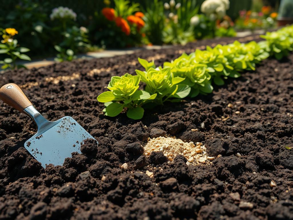 A lush, well-tilled garden bed filled with dark, nutrient-rich soil, ideal for thriving hydrangeas. In the foreground, a trowel gently turns the soil, revealing its crumbly texture. Amidst the tilled earth, small organic amendments like compost and bone meal are scattered, nourishing the soil for optimal hydrangea growth. The middle ground showcases a row of vibrant green hydrangea leaves, their stems firmly rooted in the prepared bed. Sunlight filters through the scene, casting a warm, natural glow over the hydrangea foliage. The background features a picturesque garden, with blooming flowers and verdant plants, setting the stage for the focused soil preparation at the heart of the image.