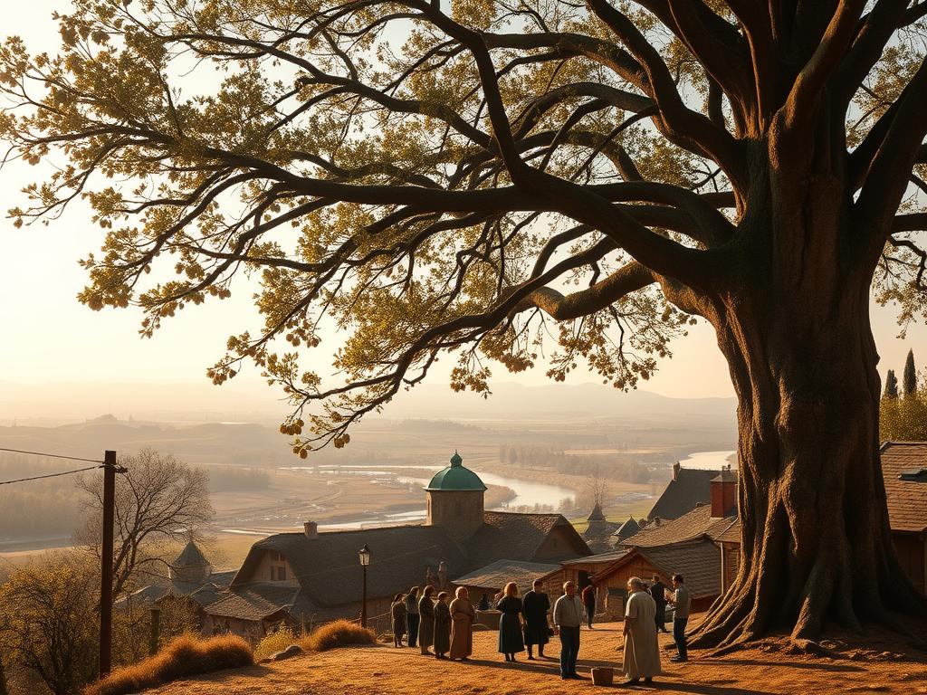 A serene landscape unfolds, where the majestic walnut tree stands tall, its branches stretching skyward. In the foreground, a group of people gathers around the tree, studying its intricate bark and plucking the precious nuts. The middle ground reveals a quaint village, its thatched roofs and cobbled streets lending an air of timelessness. In the distance, rolling hills and a winding river create a sense of depth, as if inviting the viewer on a journey through the ages. The lighting is soft and warm, casting a golden glow that imbues the scene with a sense of historical significance and cultural reverence. This is a snapshot of the enduring legacy of the walnut, a testament to its profound impact on human civilization.