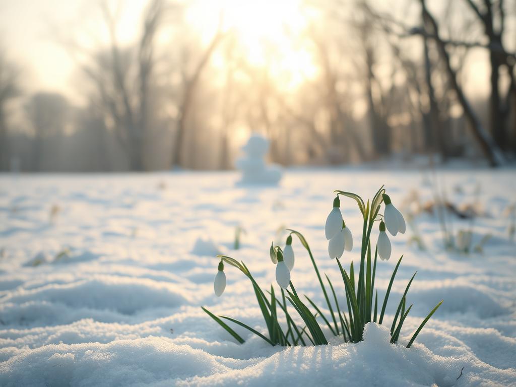 A snowy meadow in the softly lit winter dusk, with a delicate cluster of snowdrop flowers in the foreground. Gently swaying in the cool breeze, their pristine white petals seem to glow with an ethereal light. In the middle ground, a child's snow sculpture of a beloved cartoon character sits half-finished, hinting at the playful spirit of the scene. The background fades into a hazy, dreamlike forest, its bare branches reaching towards the pale sky. The overall mood is one of quiet wonder and enchantment, capturing the essence of snowdrops in popular culture and imagination.