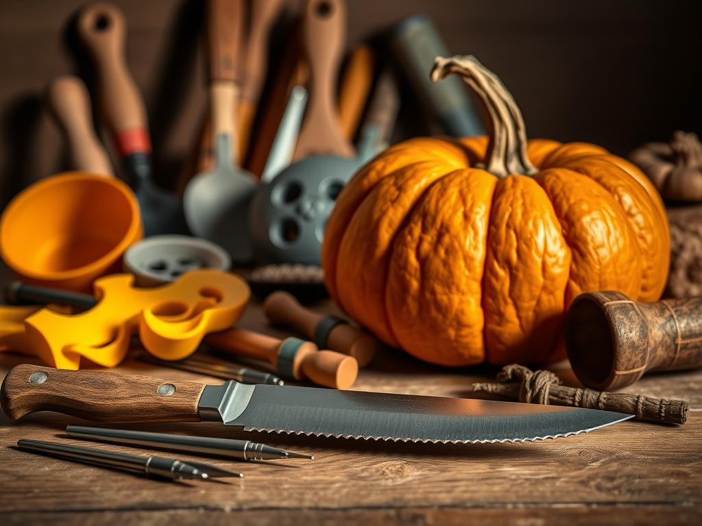 A still life composition capturing an assortment of essential pumpkin carving tools. In the foreground, a sturdy carving knife with a serrated edge and a sharp point, alongside a small set of sculpting tools with varied tips. In the middle ground, a detailed pumpkin resting on a wooden surface, ready to be transformed. Behind it, a collection of scoops, scrapers, and a small mallet, all crafted from high-quality materials. Soft, warm lighting illuminates the scene, casting subtle shadows that emphasize the textures and details of the tools. The overall atmosphere is one of focused preparation, inviting the viewer to imagine the creative process of pumpkin carving.