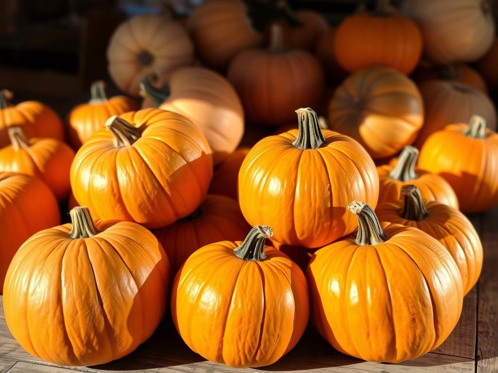A sun-dappled display of the finest sugar pumpkins, artfully arranged on a wooden table. In the foreground, several plump, deep-orange gourds nestle together, their smooth, unblemished skin glistening. Behind them, a variety of sizes and shapes offer a tempting selection, some with gentle ribbing, others perfectly round. Soft, natural lighting casts subtle shadows, highlighting the pumpkins' unique textures and forms. The background is a warm, rustic setting, perhaps a farmstand or a cozy country kitchen, inviting the viewer to imagine the culinary possibilities that await.