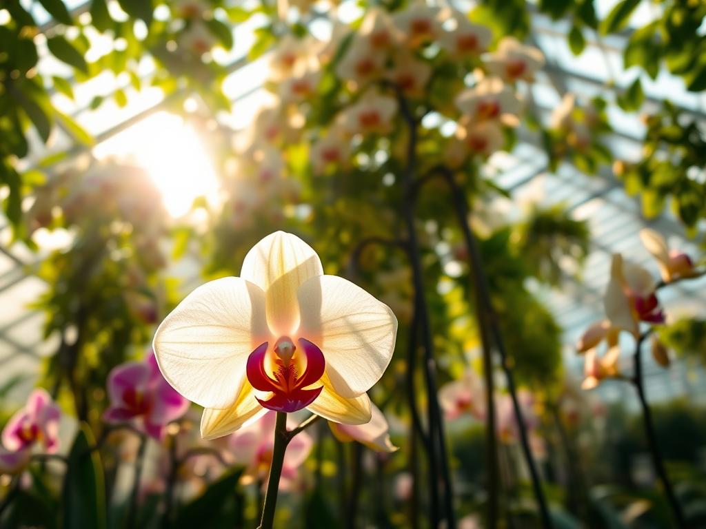 A sunlit greenhouse with a lush, verdant canopy of blooming orchids. Soft, diffused light filters through the glass, casting a warm, golden glow across the delicate petals. In the foreground, a single orchid flower stands tall, its layers of translucent, shimmering petals illuminated from within. The middle ground reveals a diverse array of orchid varieties, each with its own unique shape and color. In the background, the greenhouse structure recedes, the light playing off the glass and metal, creating a sense of depth and atmosphere. The overall scene conveys a sense of tranquility, beauty, and the perfect environment for these magnificent flowers to thrive.
