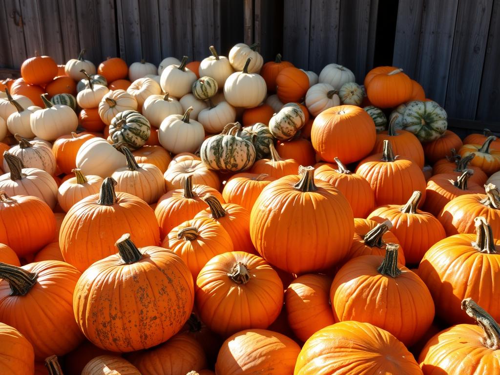 A vibrant assortment of pumpkins arranged in a carefully curated display, showcasing their diverse shapes, sizes, and hues. The foreground features a selection of plump, freshly harvested pumpkins in shades of orange, golden, and mottled. Sunlight filters through the scene, casting a warm glow and creating dynamic shadows that accentuate the textured surfaces. In the middle ground, a variety of unique pumpkin varieties, including white, green, and even striped specimens, add visual interest and intrigue. The background depicts a rustic, pastoral setting, with a weathered wooden fence or barn serving as a natural backdrop, complementing the autumnal theme. The overall composition exudes a sense of abundance, quality, and the perfect pumpkin-picking experience.