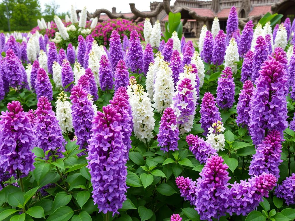 A vibrant garden brimming with an array of lilac varieties, their fragrant blooms cascading in the soft, diffused light of an overcast spring day. In the foreground, a lush display of classic purple lilacs contrasts with the delicate lavender hues of French hybrids. The middle ground reveals a mix of white and pink-tinged cultivars, their blossoms swaying gently. In the background, a glimpse of ancient lilac bushes, their twisted trunks hinting at the plant's rich history, dating back centuries to the hills of Eastern Europe. The scene conveys a sense of timeless beauty and the enduring appeal of this beloved flowering shrub.