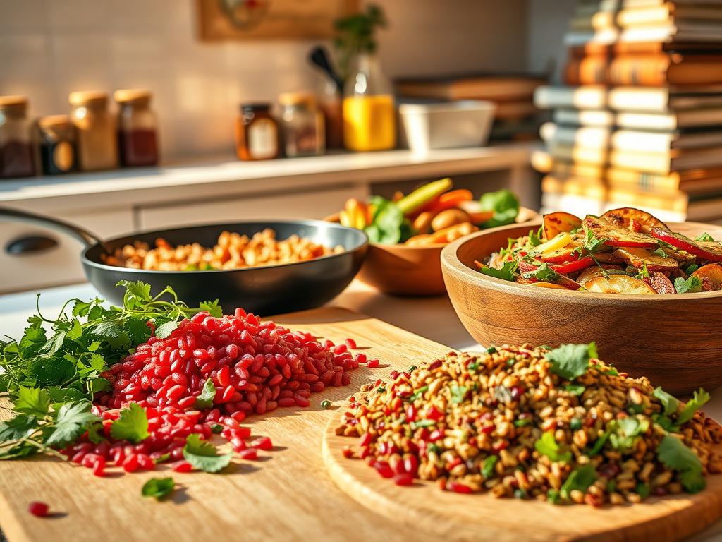 A warm, sunlit kitchen setting featuring a variety of colorful amaranth dishes. In the foreground, a large cutting board showcases freshly chopped amaranth leaves, stems, and vibrant red amaranth grains. Nearby, a sizzling pan filled with a savory amaranth stir-fry, its aroma filling the air. In the middle ground, a wooden bowl overflows with a vibrant amaranth salad, adorned with roasted vegetables, herbs, and a drizzle of creamy dressing. In the background, jars of spices and a stack of cookbooks hint at the culinary inspiration behind these nourishing amaranth recipes. The scene is bathed in a soft, golden light, conveying a sense of warmth, creativity, and the joy of healthy, home-cooked meals.