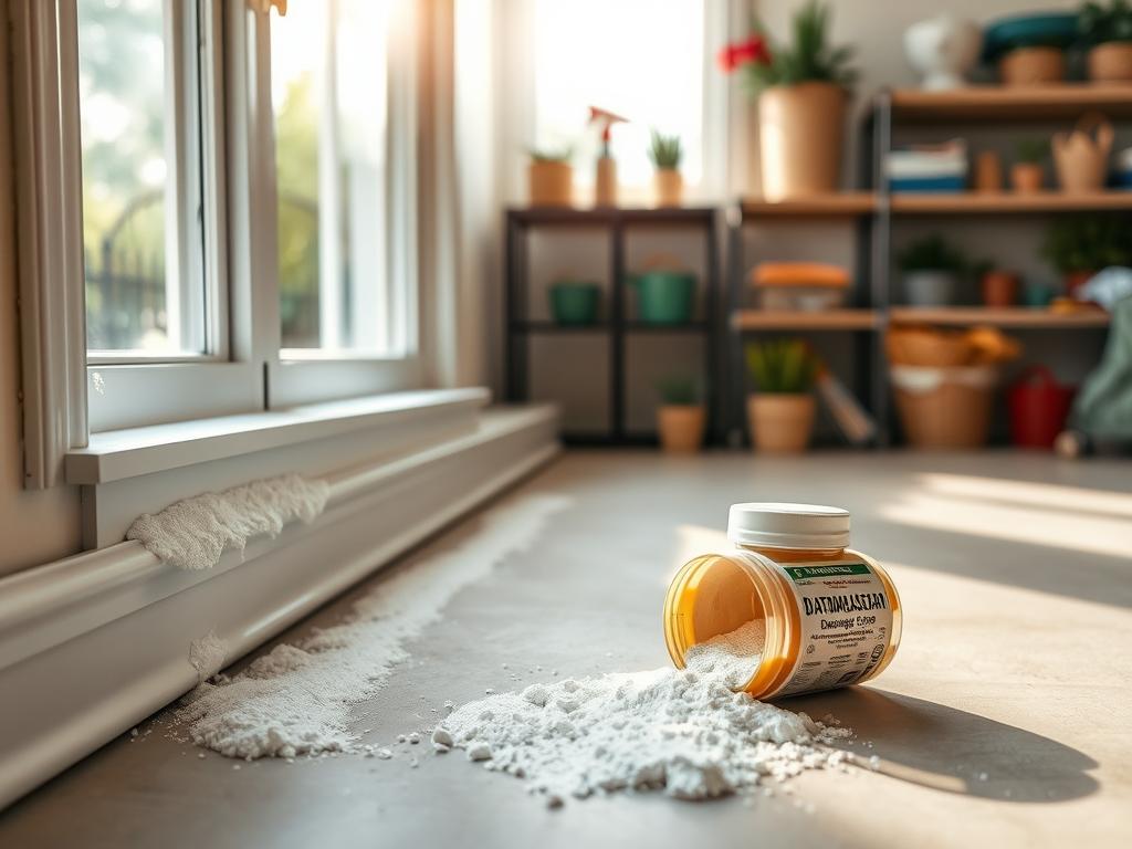 A well-lit, high-resolution image of an idyllic home interior, showcasing various applications of diatomaceous earth for pest control. In the foreground, a person is carefully applying the white, powdery substance along baseboards and window sills, creating a protective barrier against crawling insects. In the middle ground, a small container of diatomaceous earth stands open, its contents spilling out. The background features a neatly organized garage or storage area, with shelves stocked with other gardening and home maintenance supplies. The overall atmosphere is one of domestic tranquility and practical, eco-friendly pest management.