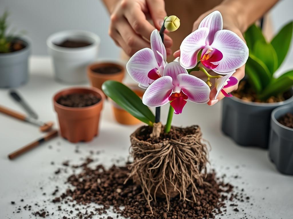 A well-lit, high-resolution photograph of an orchid being carefully repotted. The orchid's vibrant, delicate blooms are in the foreground, with the gardener's hands gently removing the plant from its old pot, exposing the intricate root system. The background is a clean, minimal workspace, with potting media, gardening tools, and a neutral-colored surface to create a sense of focus on the repotting process. The lighting is natural and flattering, highlighting the orchid's textures and colors. The composition is balanced, with the orchid and hands occupying the central frame, conveying a sense of reverence and attention to detail in the repotting technique.