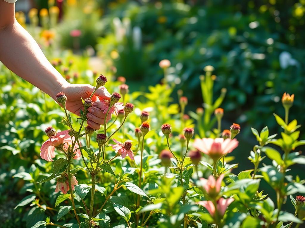 A well-pruned perennial border, with sunlight filtering through the foliage. In the foreground, a gardener's hands carefully deadheading spent blooms, preserving the plant's energy for future growth. The middle ground showcases the vibrant, healthy plants, their stems and leaves glistening. In the background, a lush, verdant garden setting, with a sense of tranquility and purpose. The scene is captured with a shallow depth of field, emphasizing the gardener's focused attention on the task at hand. The overall mood is one of serene productivity, reflecting the care and expertise required to maintain a thriving perennial garden.