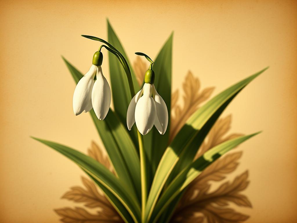 An antique botanical illustration of a delicate snowdrop flower, its graceful white petals gently drooping against a backdrop of lush, verdant foliage. The image is illuminated by warm, soft lighting, casting subtle shadows that accentuate the flower's intricate details. The composition is balanced, with the snowdrop positioned prominently in the foreground, surrounded by intricate leaf patterns in the middle ground. The background features a muted, textured pattern reminiscent of antique parchment, hinting at the historical significance and symbolism of this elegant bloom.