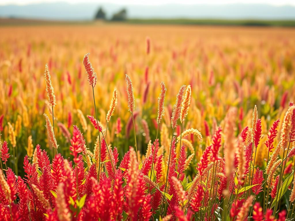 An expansive field of vibrant amaranth plants, their tall stalks swaying gently in the warm afternoon sunlight. Clusters of red, gold, and green foliage fill the foreground, their leaves rustling softly. In the middle ground, a diverse array of amaranth varieties stand tall, showcasing the incredible diversity of this ancient superfood. The background is blurred, hinting at a tranquil countryside setting, allowing the amaranth to take center stage. The lighting is natural and diffused, casting a warm, inviting glow on the scene. Captured with a wide-angle lens to emphasize the scale and abundance of the amaranth crop. The overall mood is one of abundance, vitality, and the extraordinary nutritional potential of this remarkable plant.