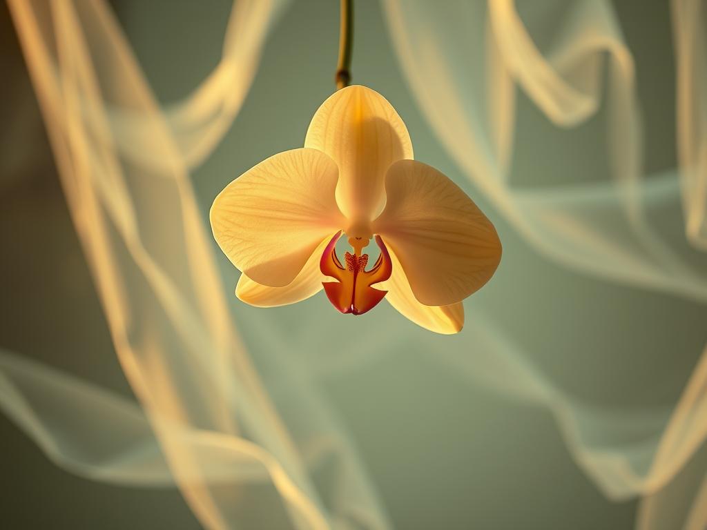 An orchid suspended in mid-air, its delicate petals unfurling gracefully, illuminated by soft, diffused lighting that casts a warm glow. The flower is positioned against a backdrop of wispy, translucent fabrics that gently flow, simulating the natural air circulation around the plant. The scene is captured from a slightly elevated angle, allowing the viewer to appreciate the orchid's intricate structure and the effortless movement of the air currents. The overall atmosphere is one of tranquility and vitality, conveying the importance of providing the optimal environment for the orchid's vibrant growth.